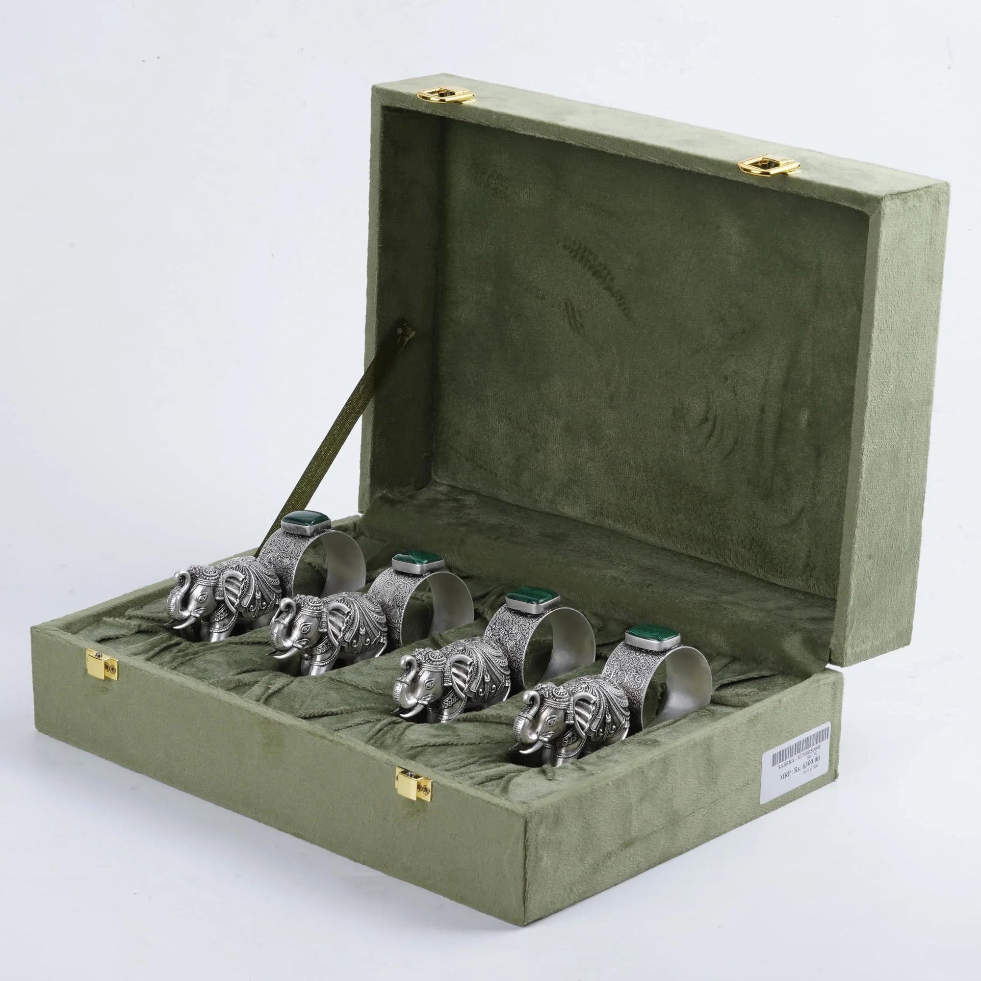 Set of silver antique elephant napkin rings in a green velvet box, Sabera home decor gift