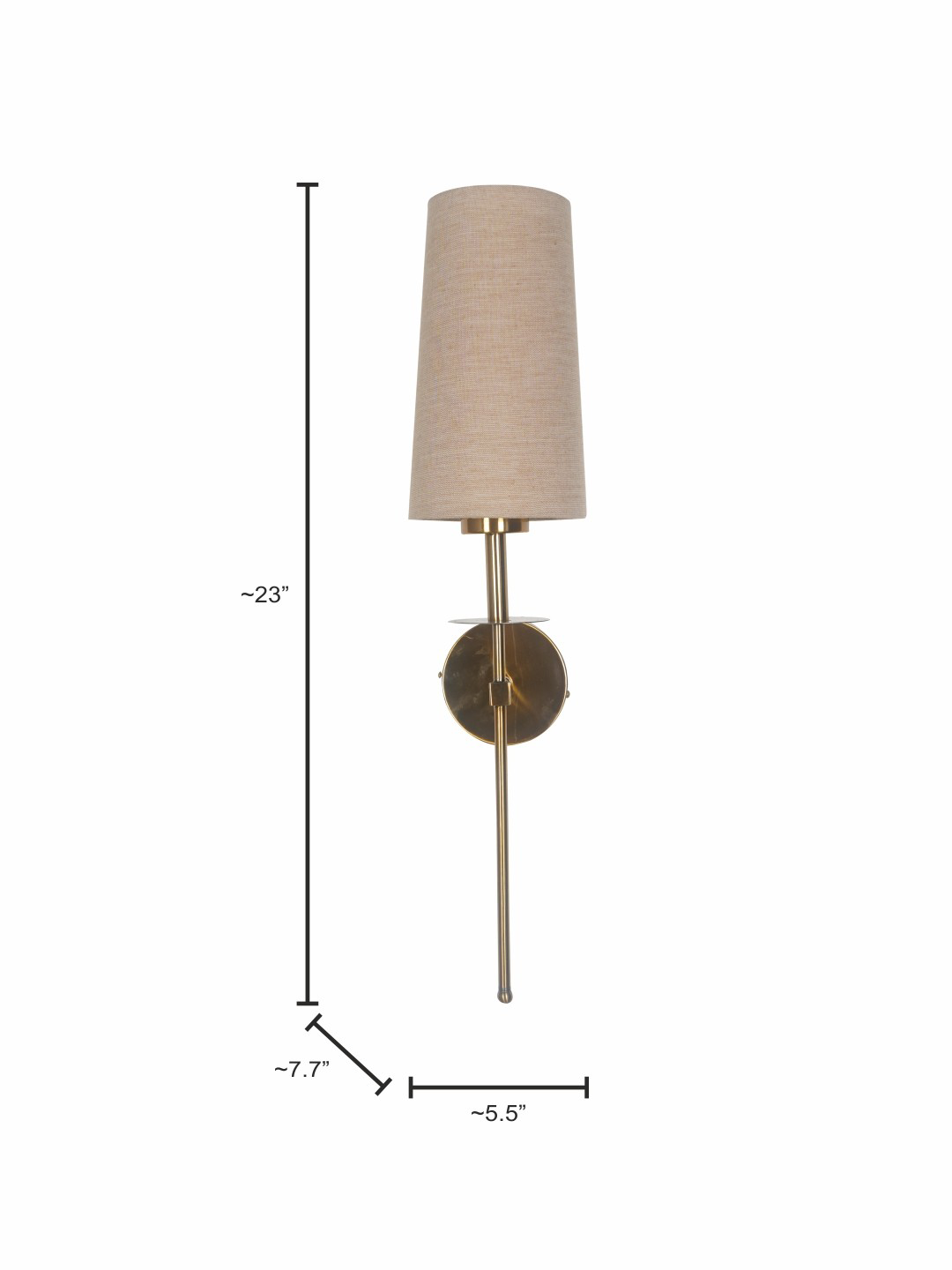 Savoy Long Arm Antique Gold Wall Sconce with Beige Fabric Shade.