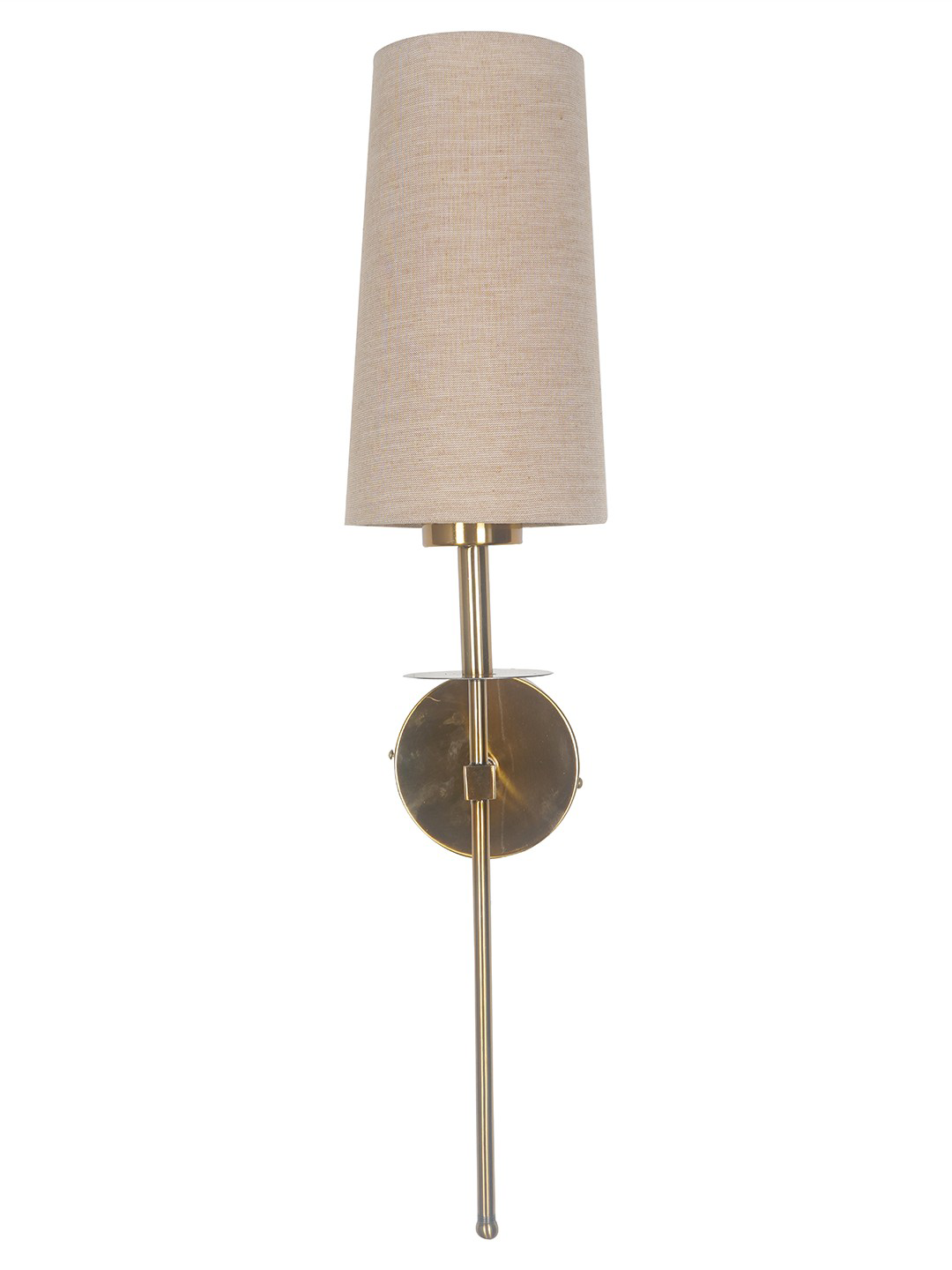Savoy Long Arm Antique Gold Wall Sconce with Beige Fabric Shade.