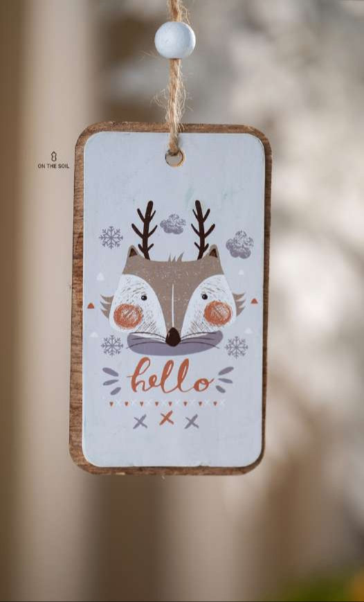 Wooden Hanging Tag Hanging Ornament with Fox & Hello_CC87