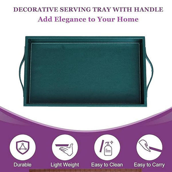 Vegan Leather Rectangular Serving Tray with Handles-Bottle Green