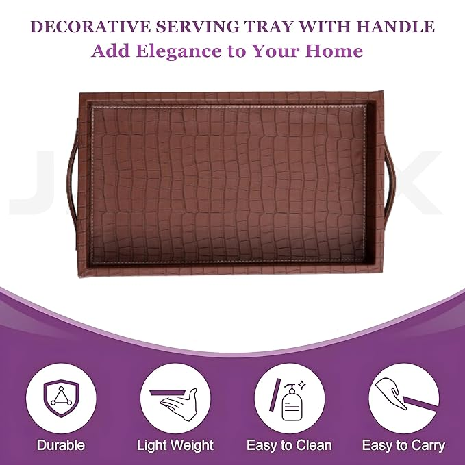 Vegan Leather Rectangular Serving Tray with Handles_Walnut Brown