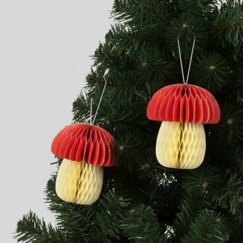 Red & Off-White Two Tone Paper Mushroom Decoration Set of 6