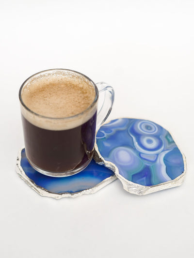 Coaster Set of 2 - Brazilian Agate Blue with Silver Plated edge