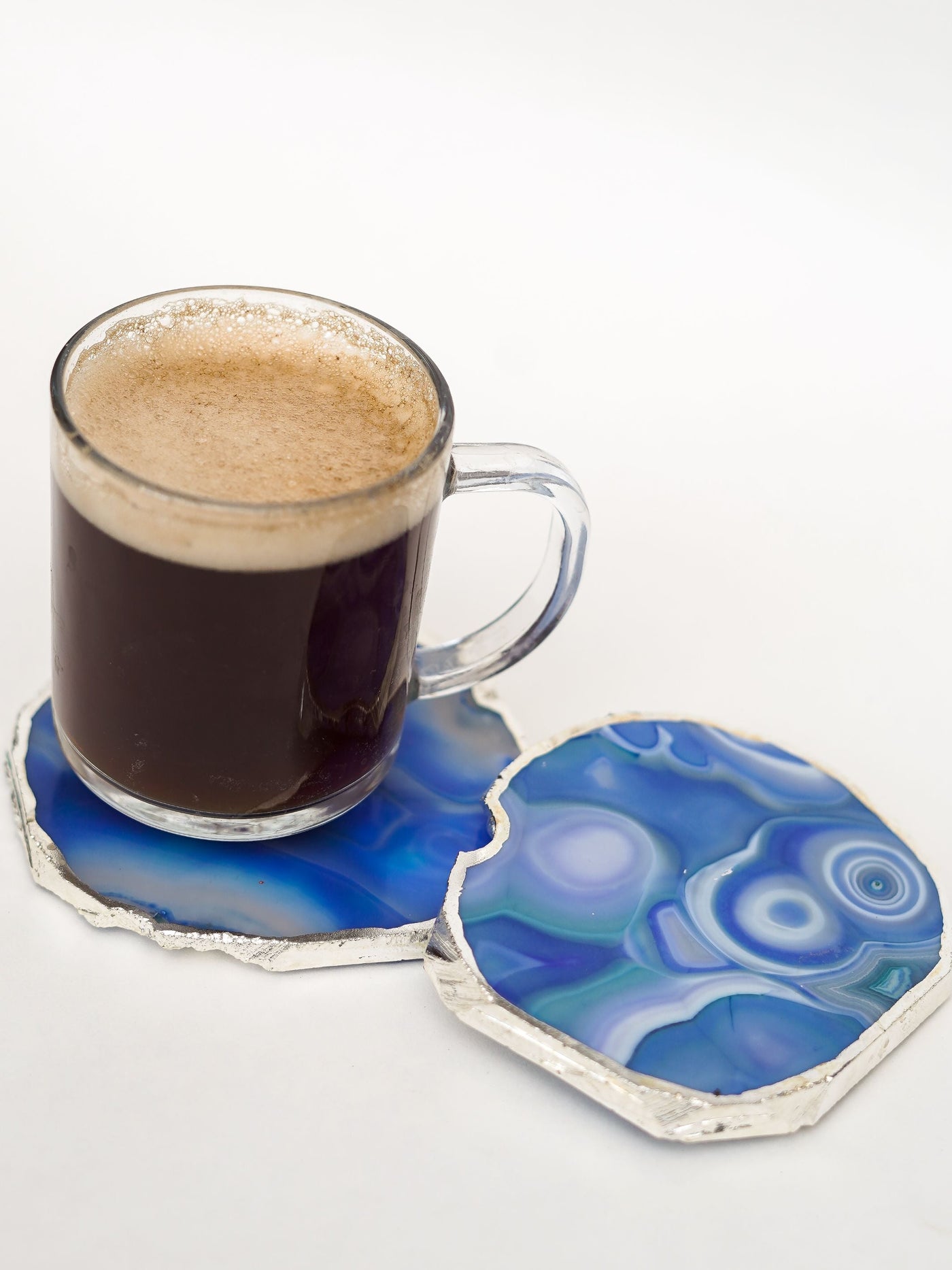 Coaster Set of 2 - Brazilian Agate Blue with Silver Plated edge