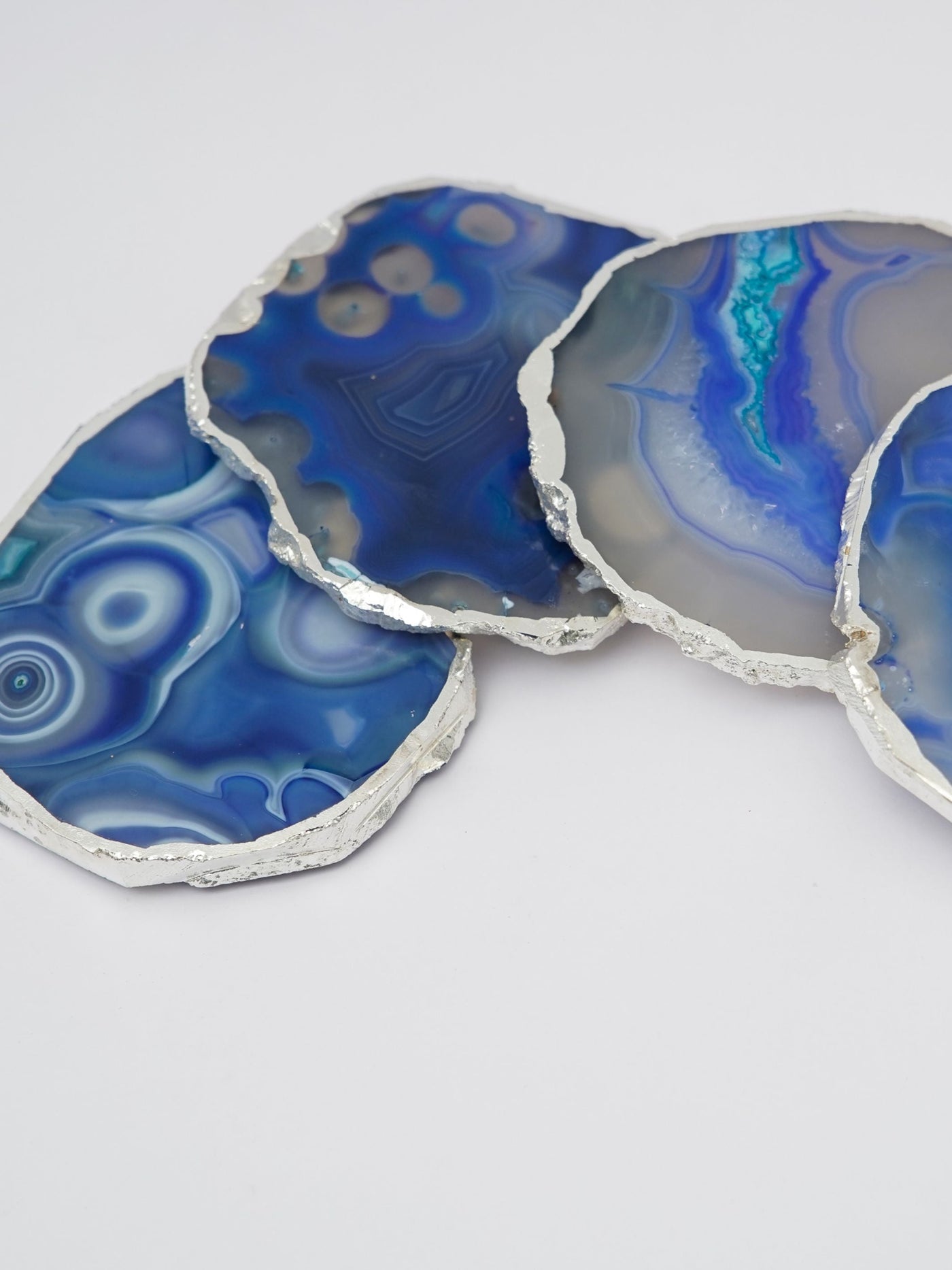 Coaster Set of 4 - Brazilian Agate Blue with Silver Plated edge