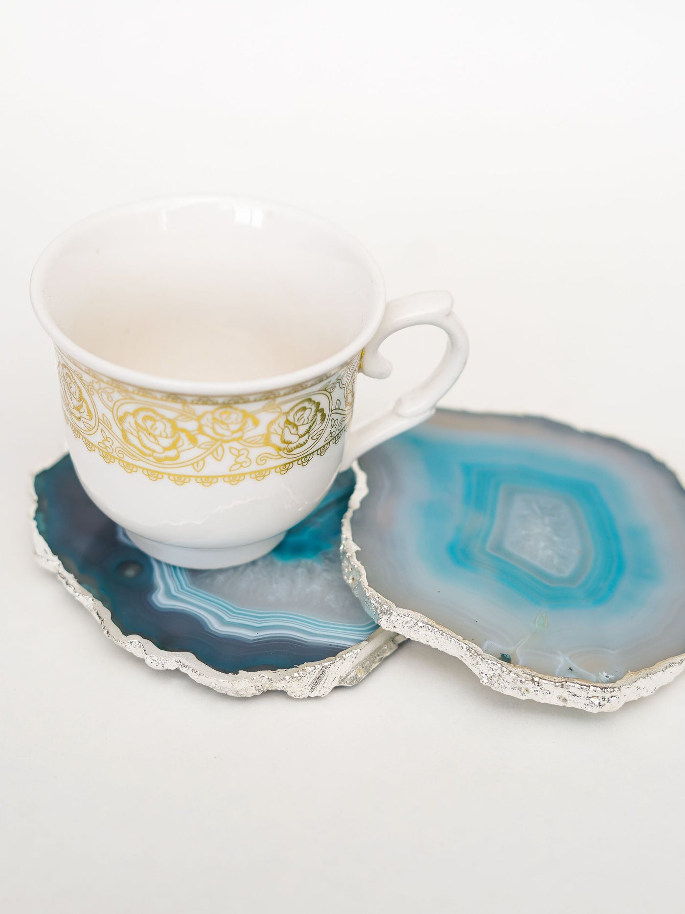 Coaster Set of 2 - Brazilian Agate Green with Silver Plated edge