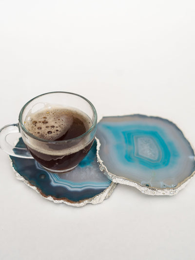 Coaster Set of 2 - Brazilian Agate Green with Silver Plated edge