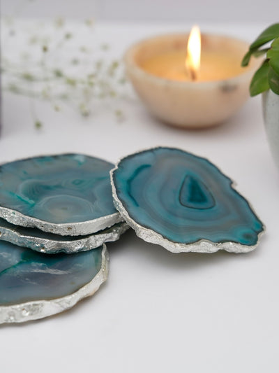 Coaster Set of 4 - Brazilian Agate Green with Silver Plated edge