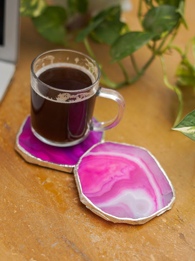 Coaster Set of 2 - Brazilian Agate Pink with Silver Plated edge