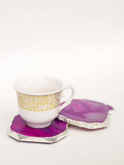 Coaster Set of 2 - Brazilian Agate Pink with Silver Plated edge