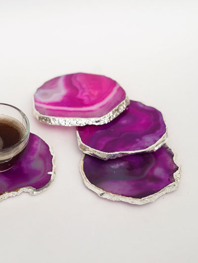 Coaster Set of 4 - Brazilian Agate Pink with Silver Plated edge