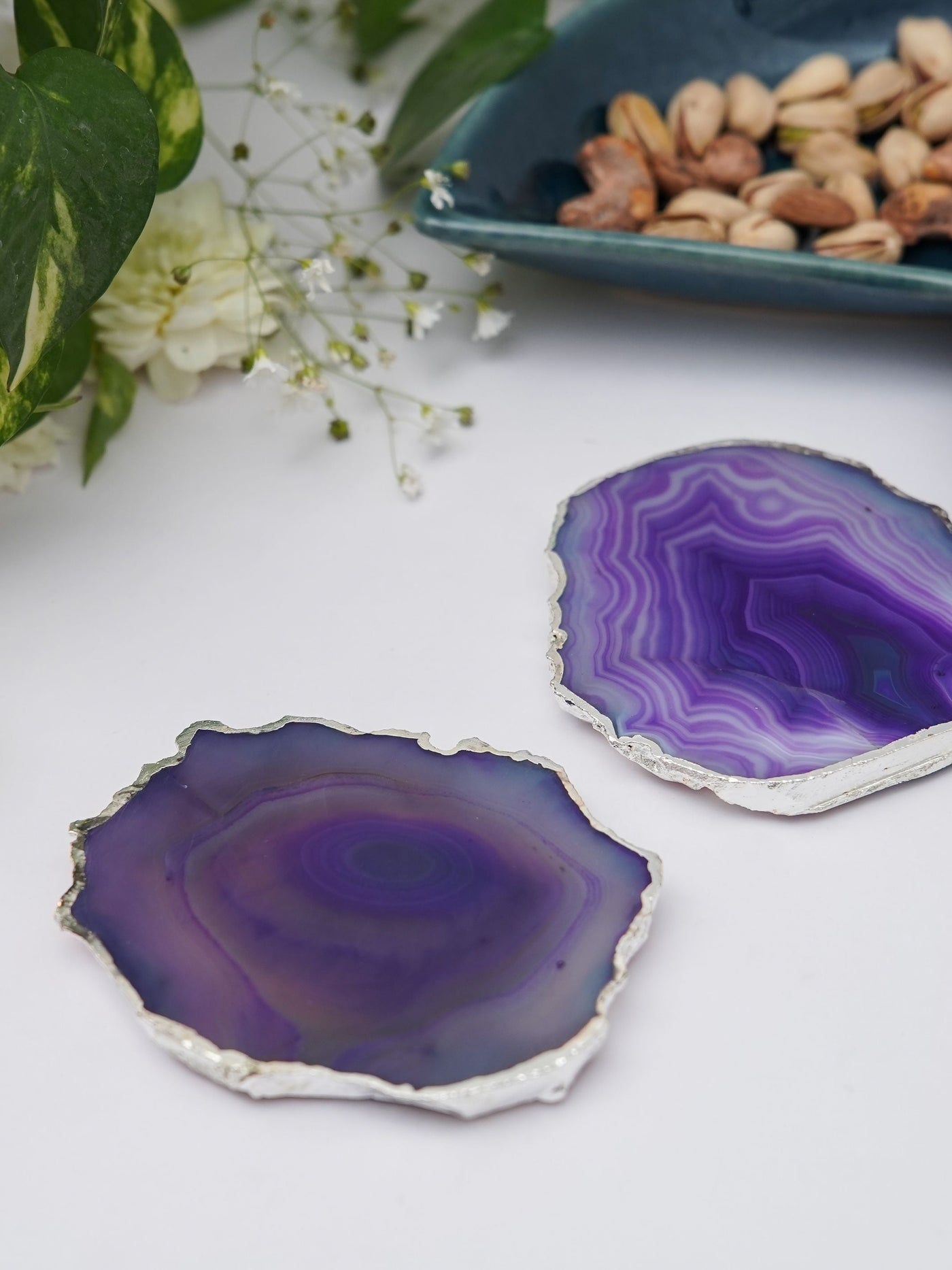 Coaster Set of 2 - Brazilian Agate Purple with Silver Plated edge