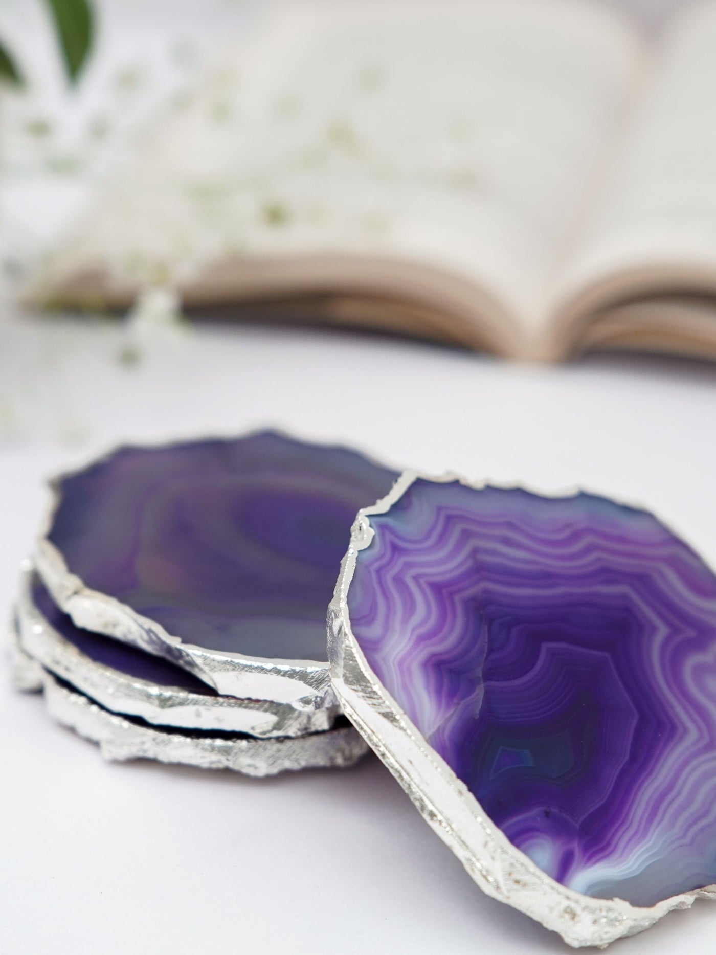Coaster Set of 4 - Brazilian Agate Purple with Silver Plated edge