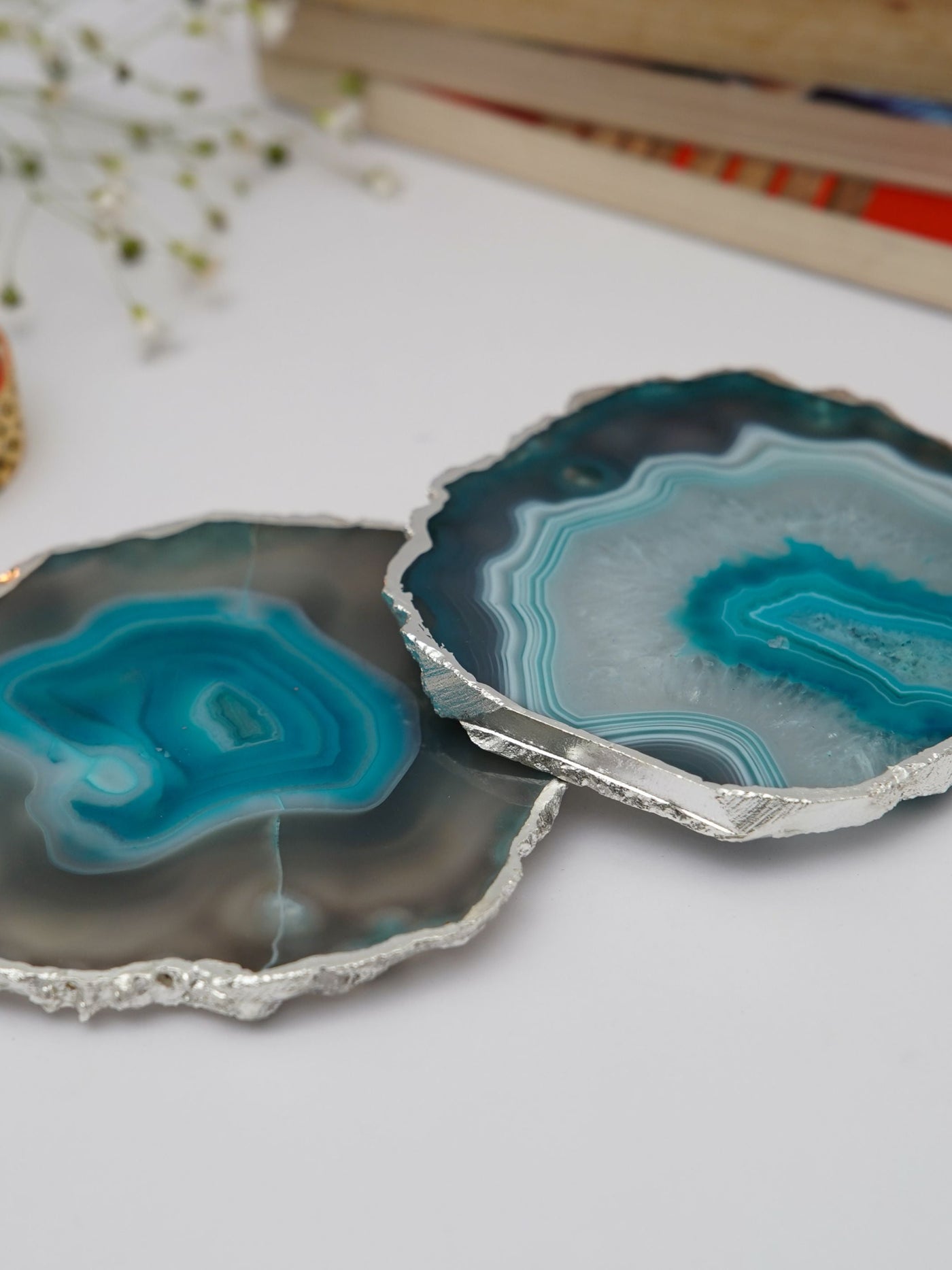 Coaster Set of 2 - Brazilian Agate Turquoise with Silver Plated edge