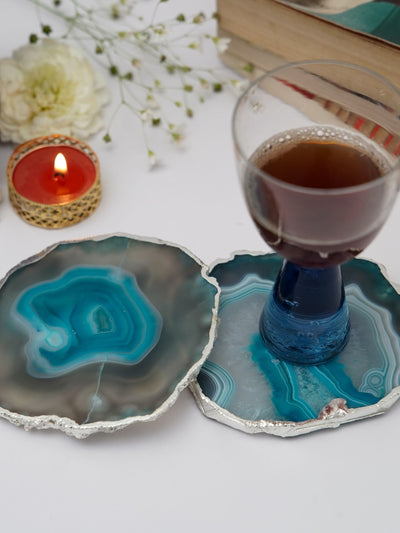 Coaster Set of 2 - Brazilian Agate Turquoise with Silver Plated edge