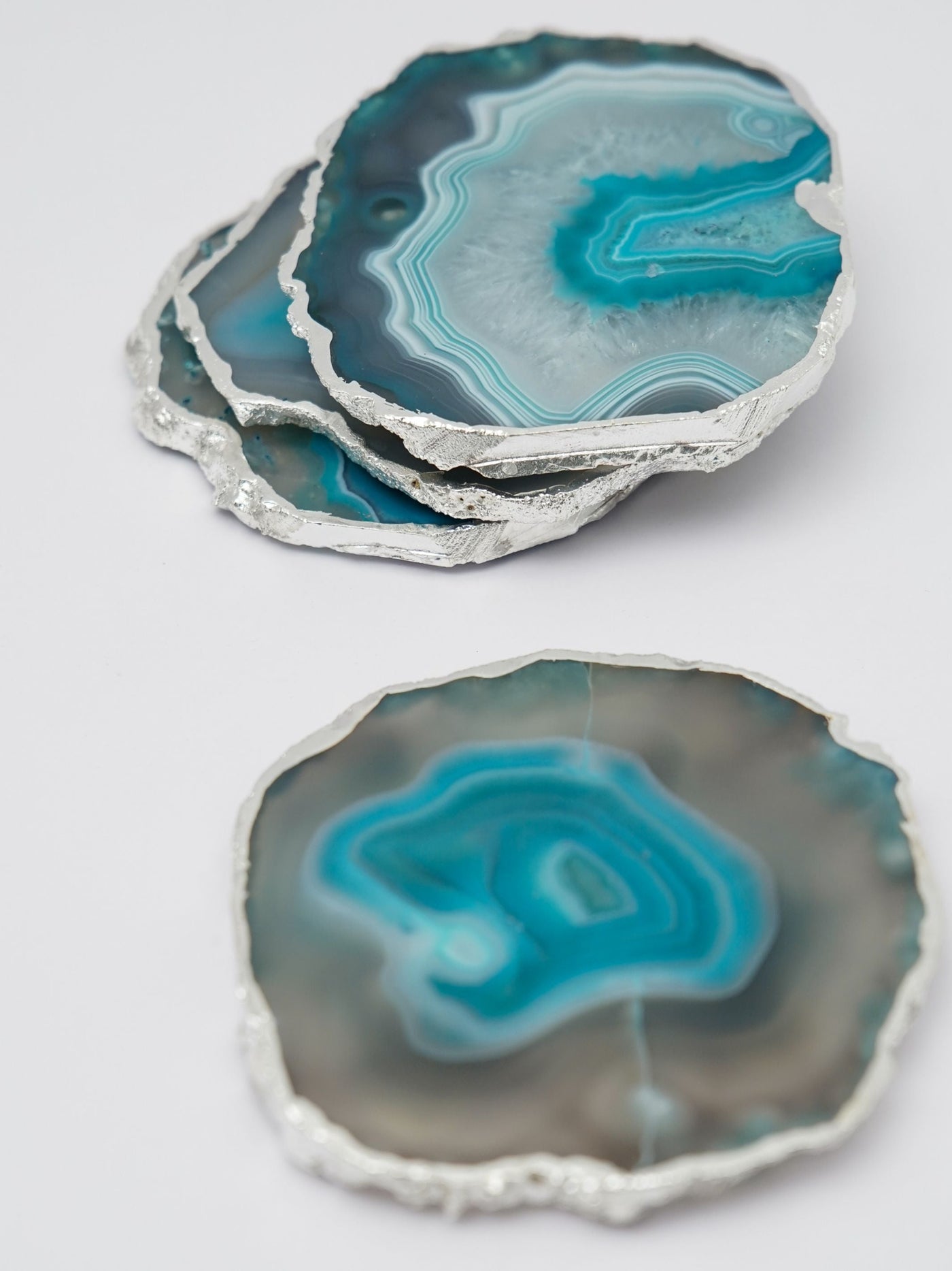 Coaster Set of 4 - Brazilian Agate Turquoise with Silver Plated edge