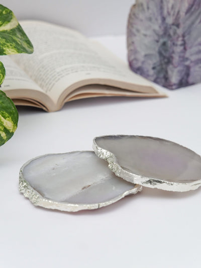 Coaster Set of 2 - Brazilian Agate White with Silver Plated edge