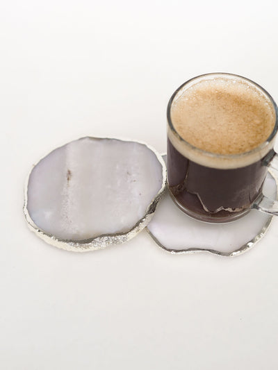 Coaster Set of 2 - Brazilian Agate White with Silver Plated edge