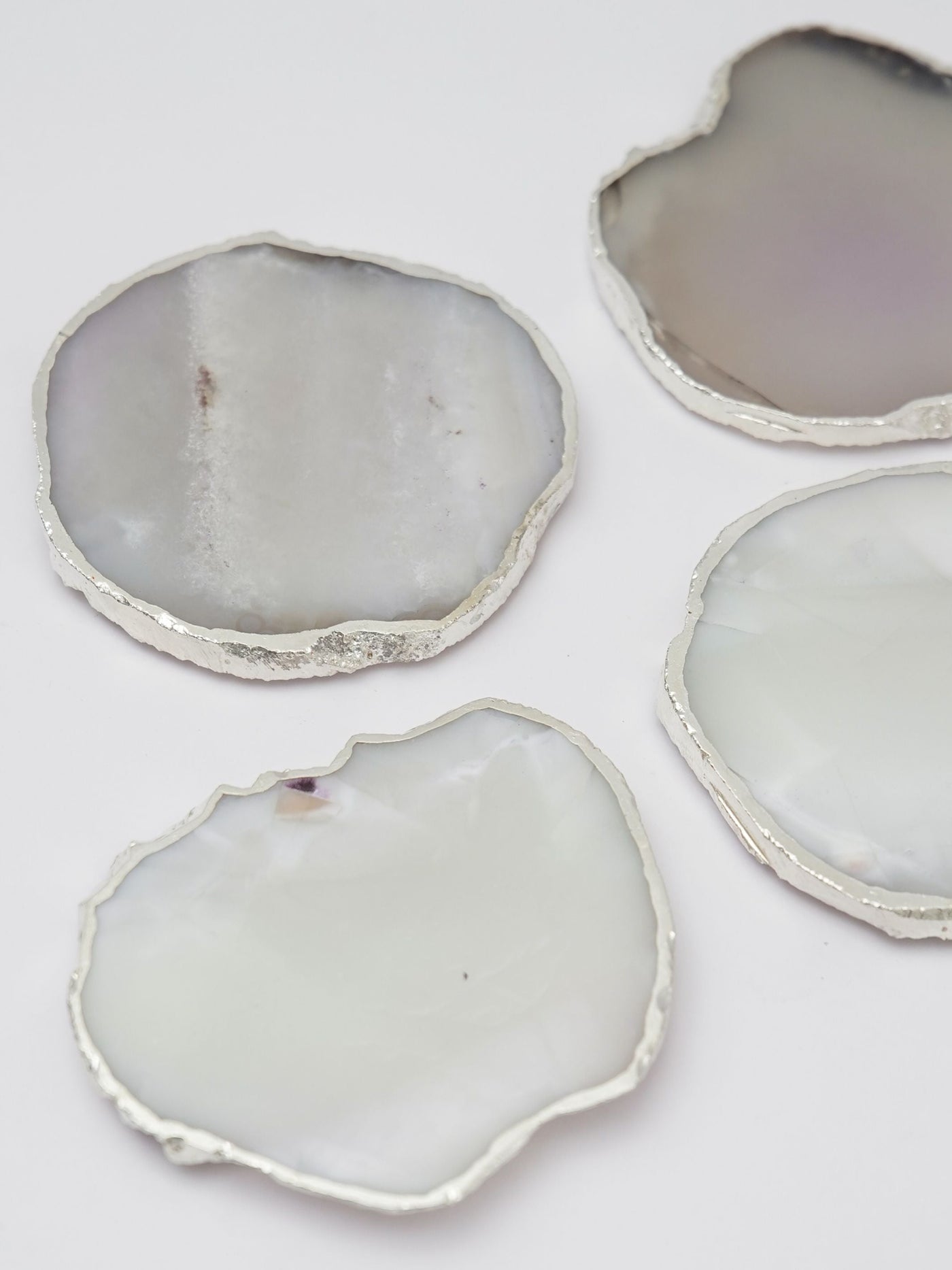 Coaster Set of 4 - Brazilian Agate White with Silver Plated edge