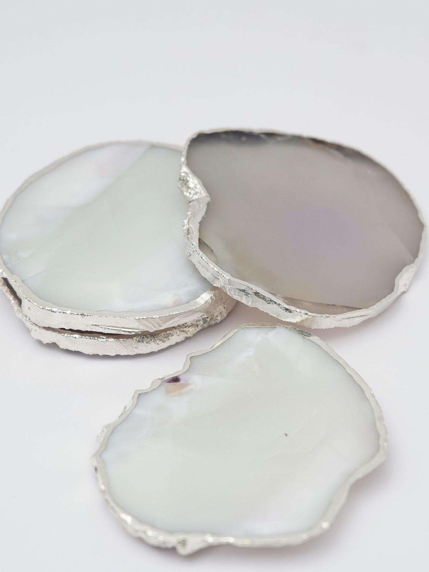 Coaster Set of 4 - Brazilian Agate White with Silver Plated edge