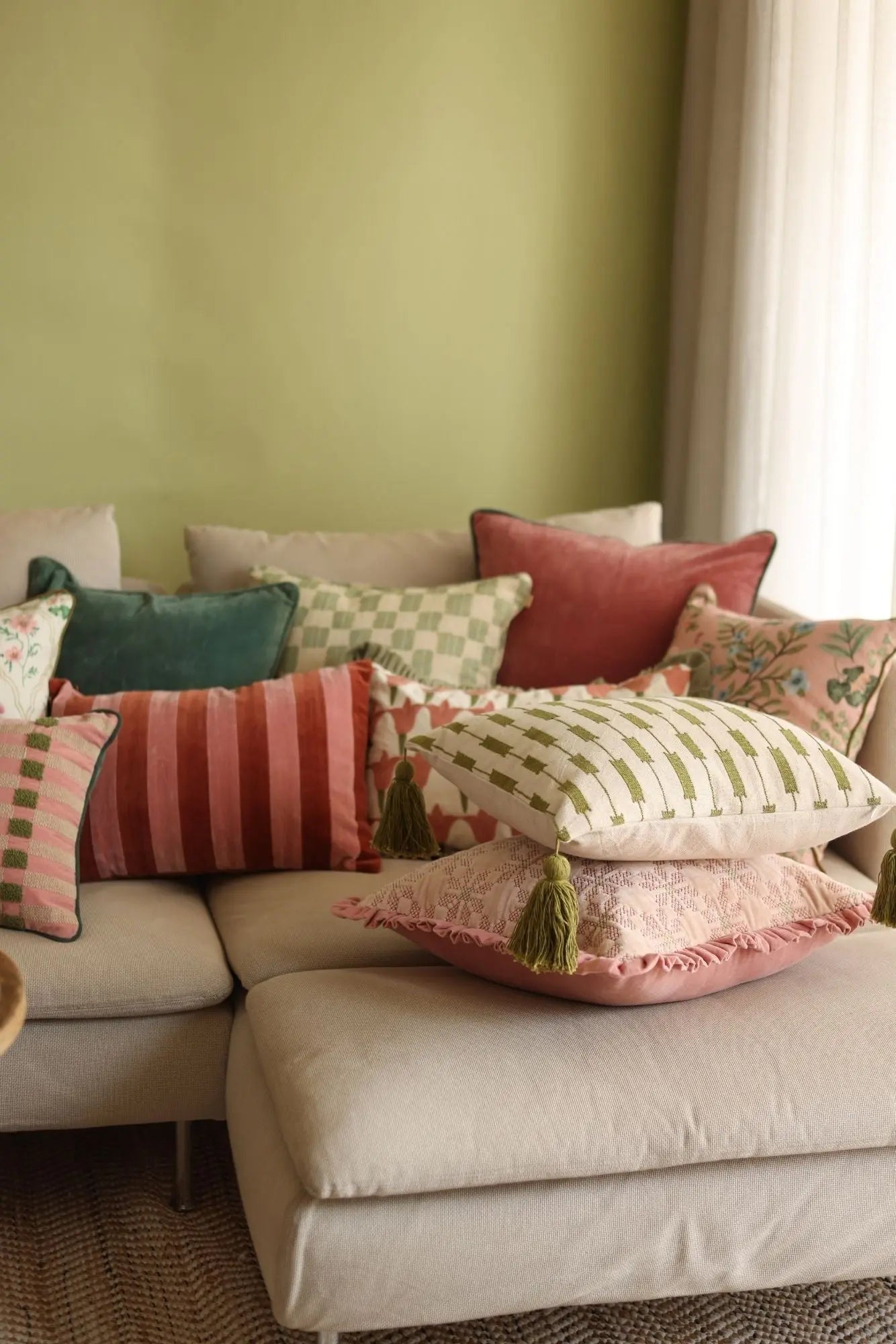 Holly Rhubarb Stripe Patch Velvet Oblong Cushion Cover