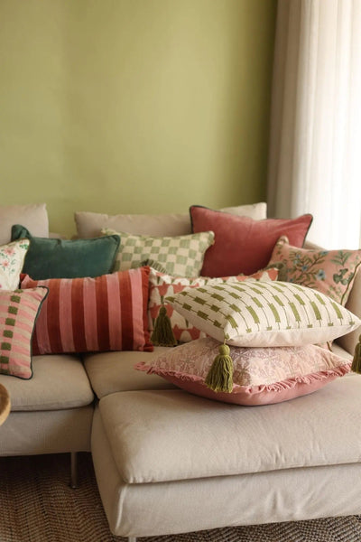 Holly Rhubarb Stripe Patch Velvet Oblong Cushion Cover