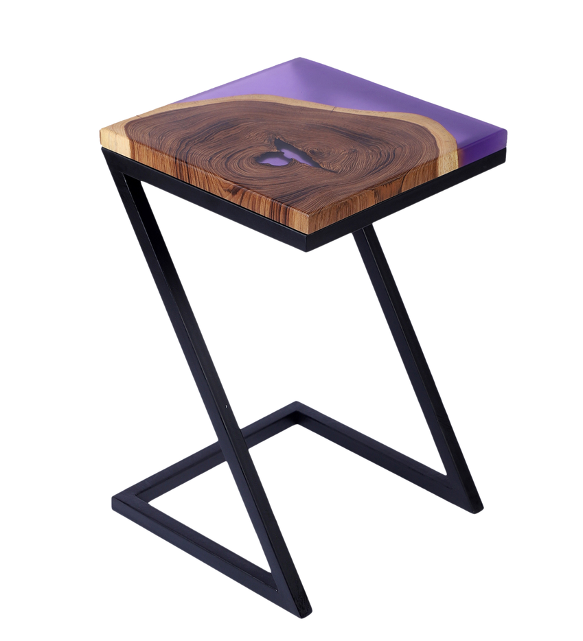 Epoxy Solid Wood End Table – Teak Wood with Violet Resin Finish