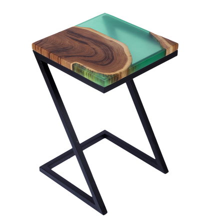 Epoxy Solid Wood End Table – Teak Wood with Green Resin Finish