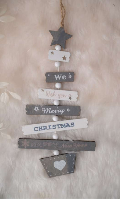 Grey & White Hanging Wooden Christmas Tree with We Wish You Merry Christmas Text_CC131