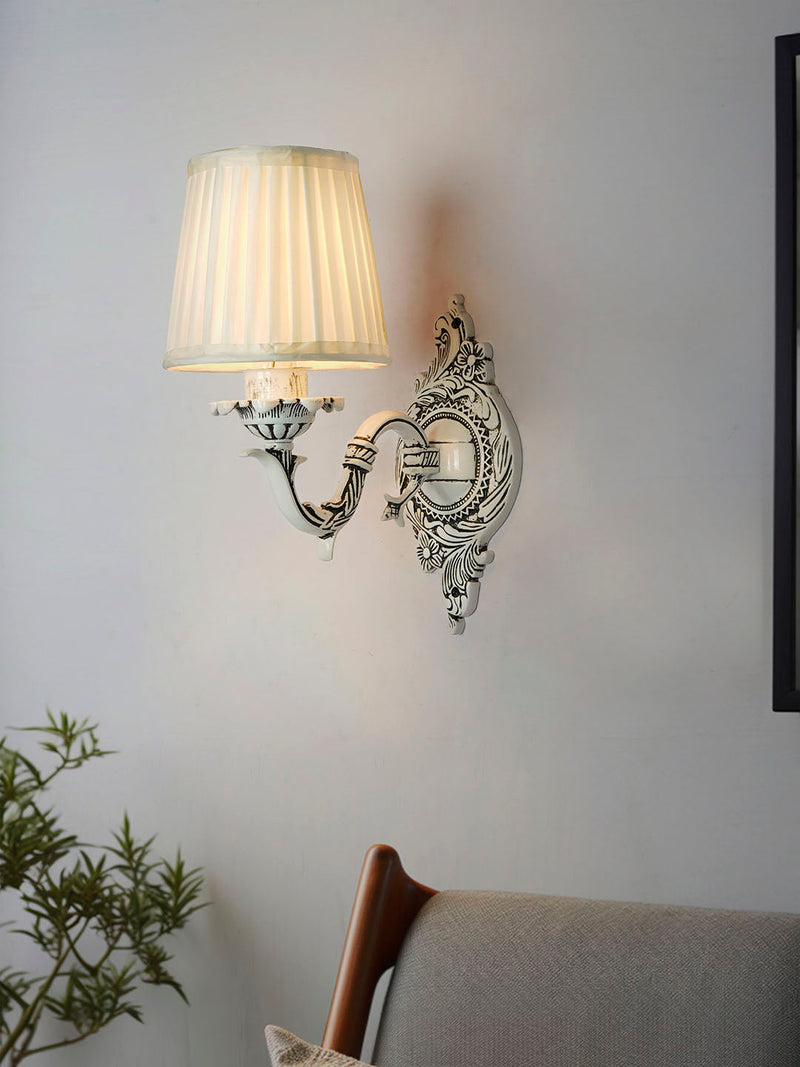 Traditional Single Swan Wall Sconce in Antique White with Pleated Fabric Shade