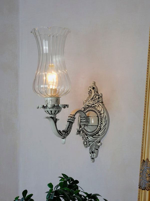Traditional Swan Single Wall Lamp in Antique White with Fluted Glass Shade