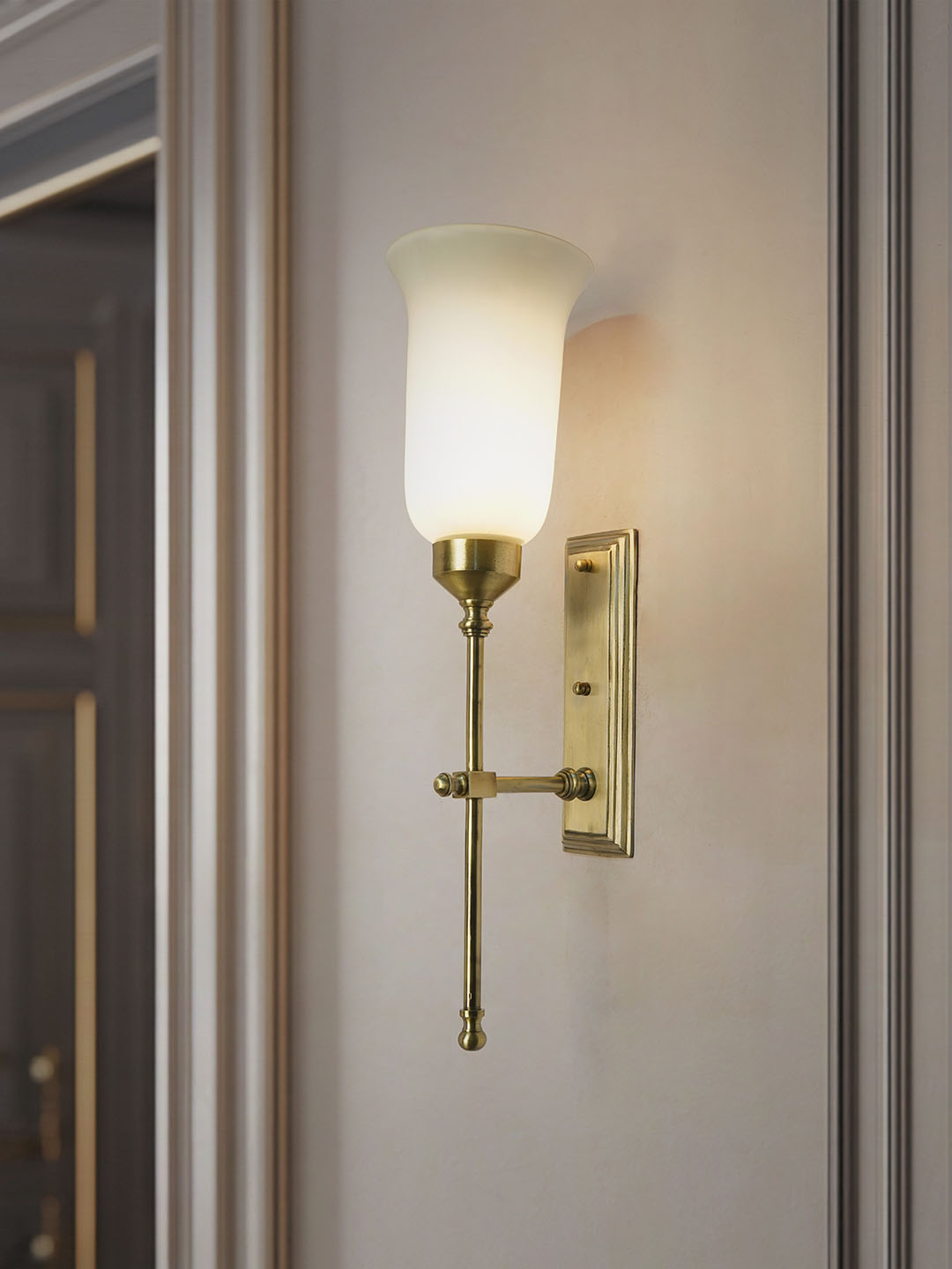 Transitional Antique Brass Long Wall Sconce with Milky Glass Shade