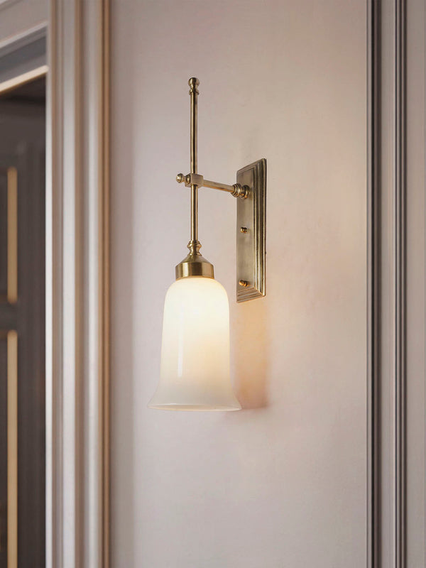 Transitional Antique Brass Long Wall Sconce with Milky Glass Shade