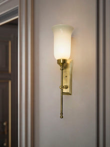 Transitional Antique Brass Long Wall Sconce with Milky Glass Shade