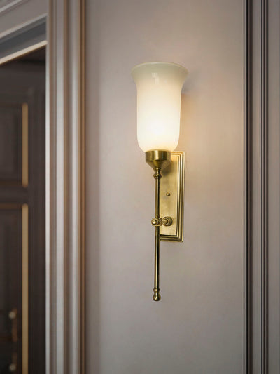 Transitional Antique Brass Long Wall Sconce with Milky Glass Shade