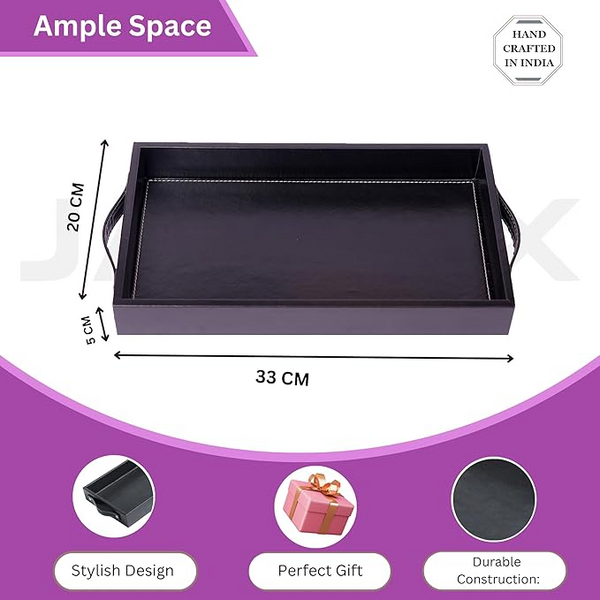 Vegan Leather Rectangular Serving Tray with Handles-Black