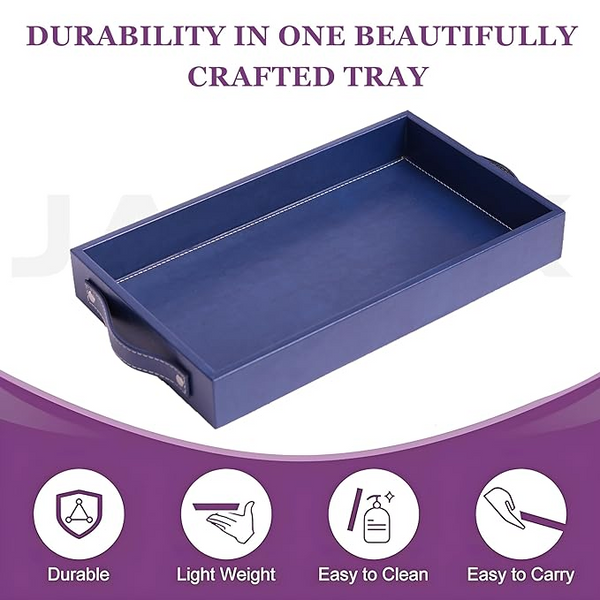 Vegan Leather Rectangular Serving Tray with Handles Blue