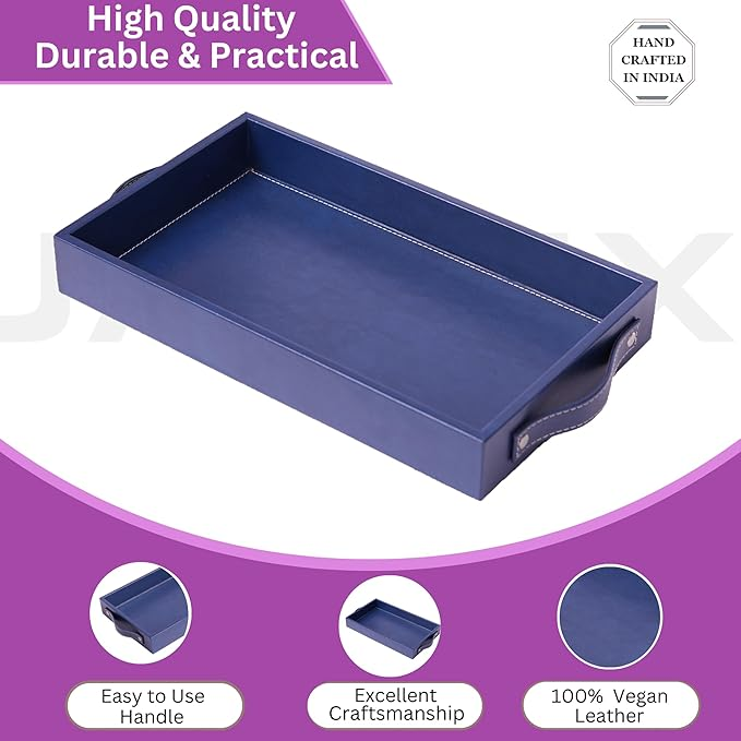 Vegan Leather Rectangular Serving Tray with Handles Blue