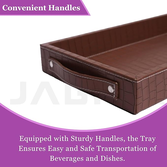 Vegan Leather Rectangular Serving Tray with Handles_Walnut Brown