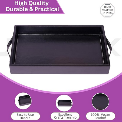 Vegan Leather Rectangular Serving Tray with Handles-Black