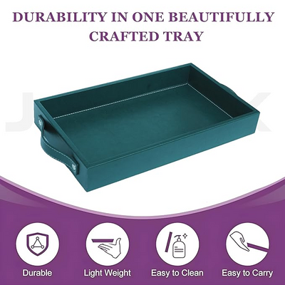 Vegan Leather Rectangular Serving Tray with Handles-Bottle Green