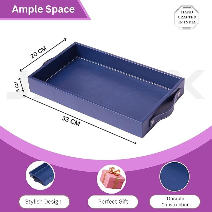 Vegan Leather Rectangular Serving Tray with Handles Blue