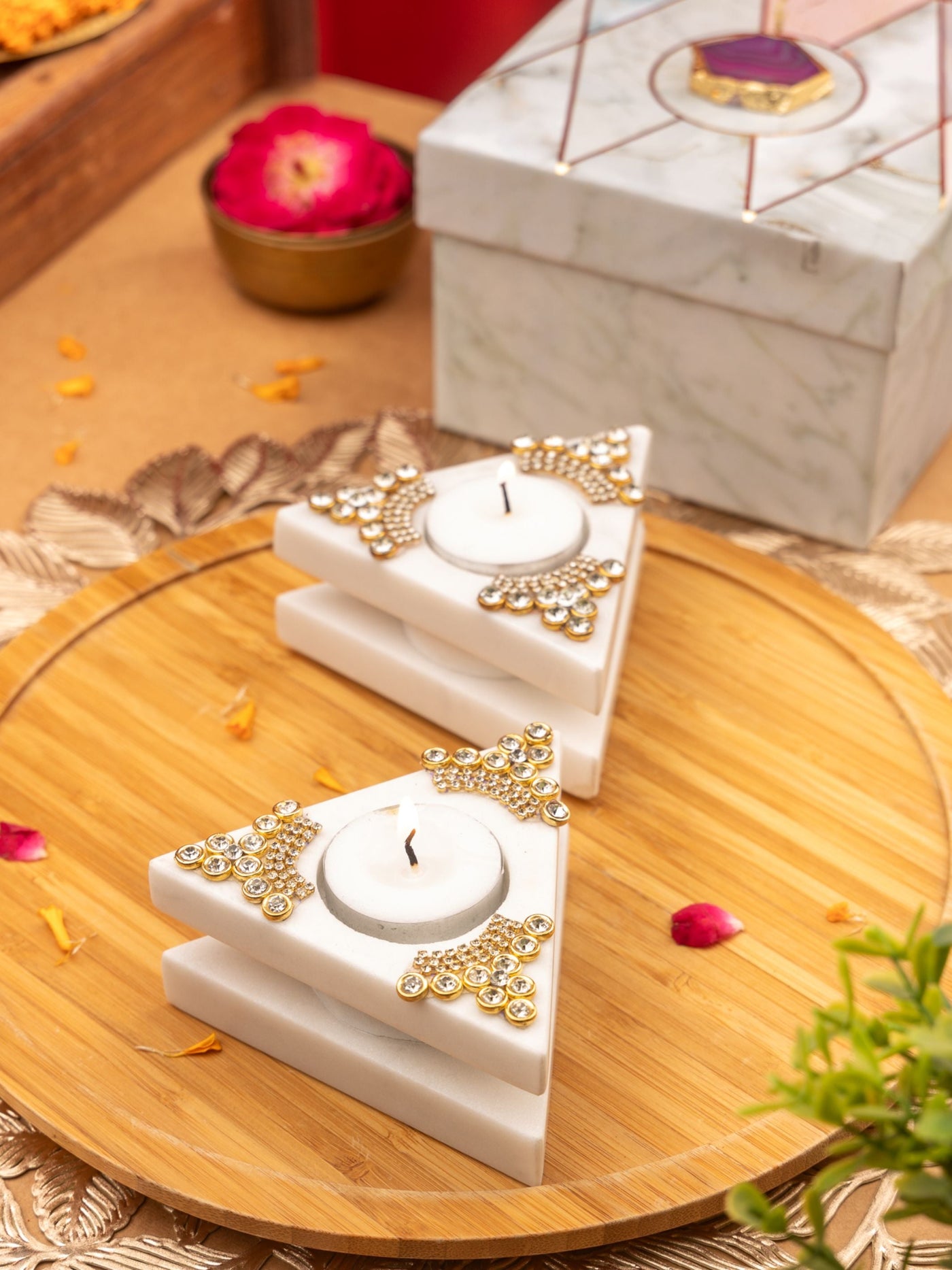 Trianguler Marble Tealight Holder Set Of 2