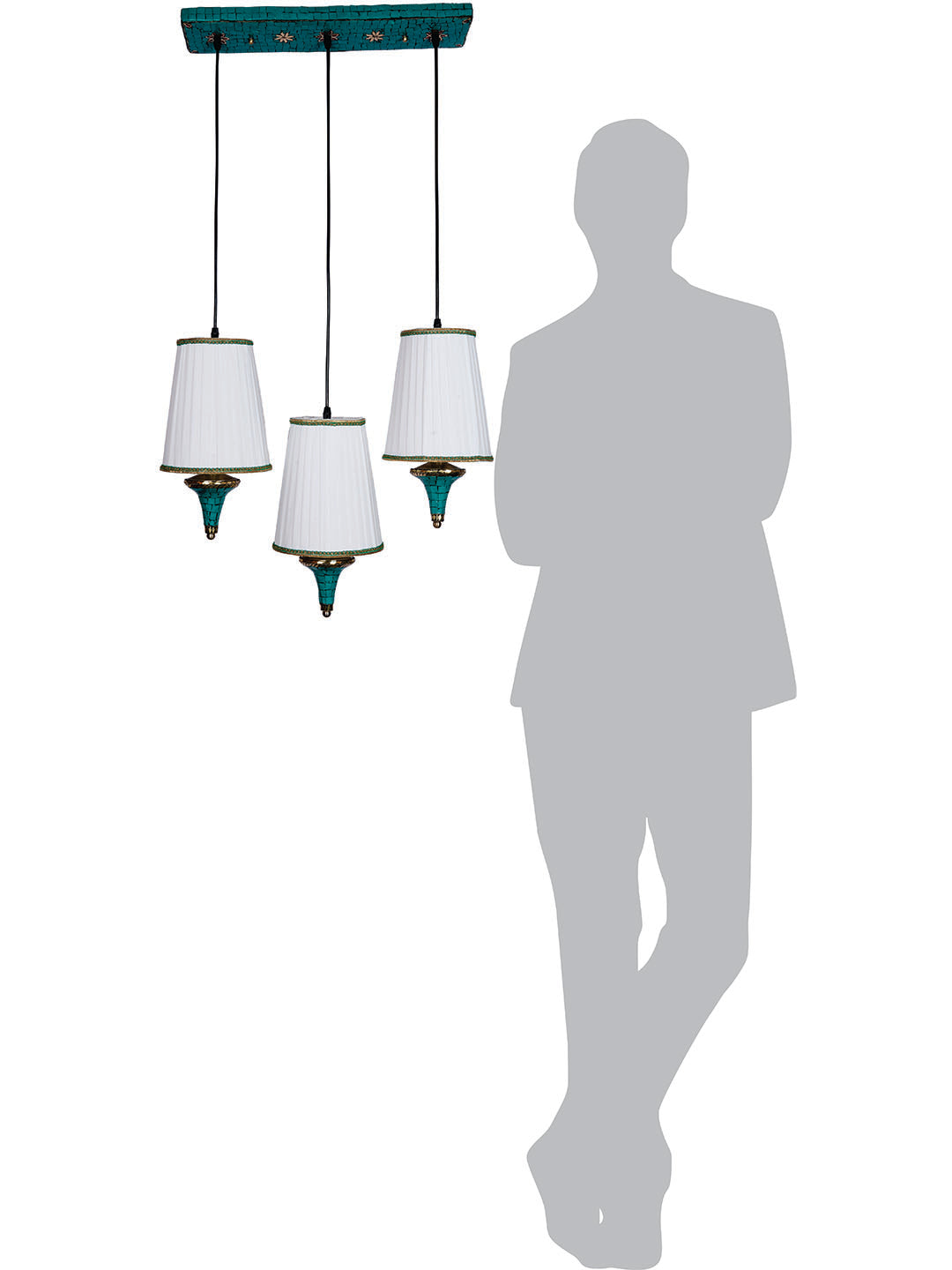 Triple Funnel Pendant Light with Green Stonework and Pleated Shades