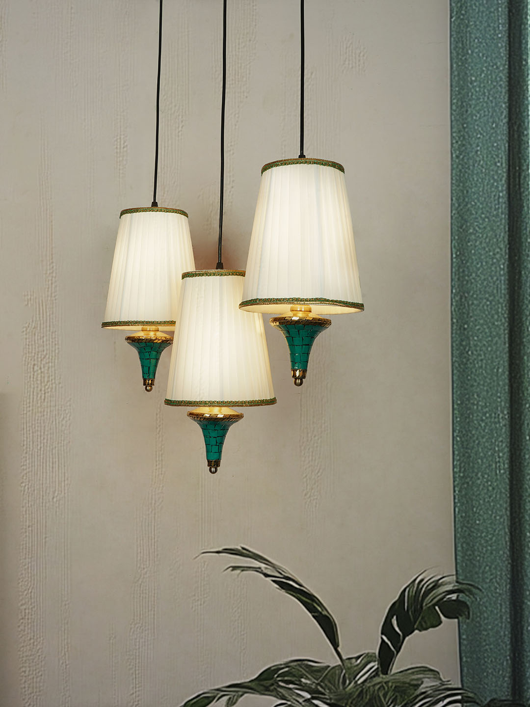 Triple Funnel Pendant Light with Green Stonework and Pleated Shades