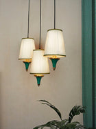 Triple Funnel Pendant Light with Green Stonework and Pleated Shades