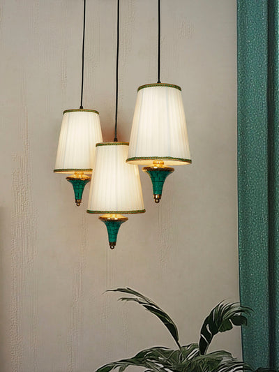 Triple Funnel Pendant Light with Green Stonework and Pleated Shades