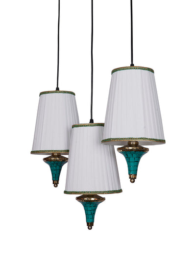 Triple Funnel Pendant Light with Green Stonework and Pleated Shades