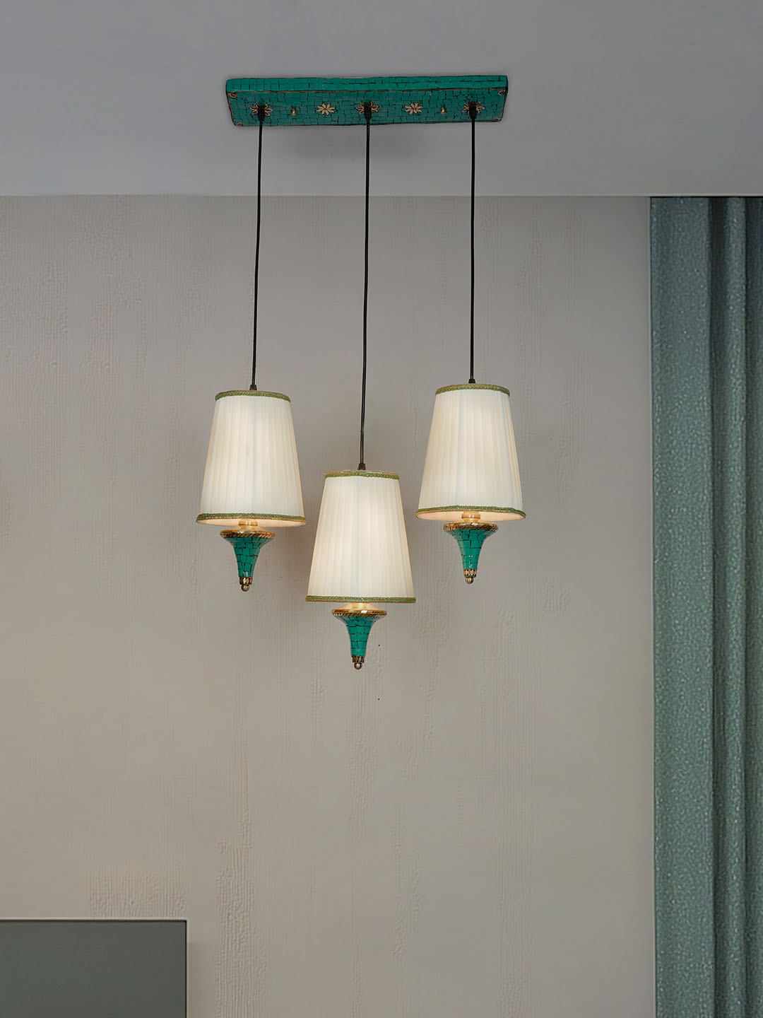 Triple Funnel Pendant Light with Green Stonework and Pleated Shades
